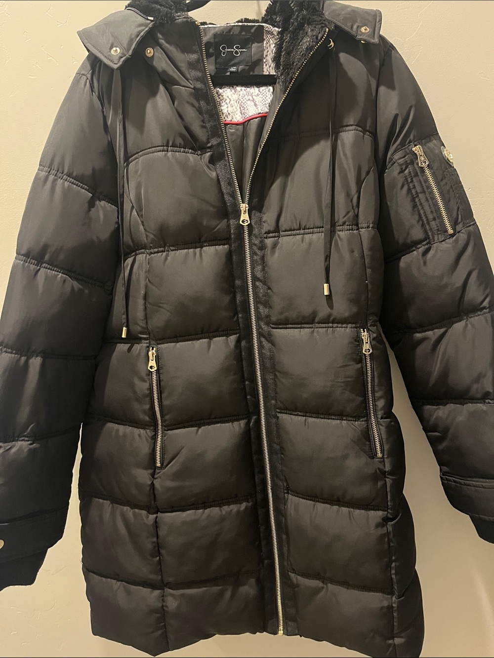 Jessica Simpson Black Quilted Women’s Puffer Coat with Sherpa Fur Lined Hood